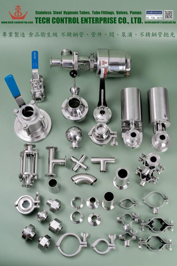 TECH CONTROL ENTERPRISE Co., Ltd. - TAIWAN Manufacturer manufactures inox stainless steel Sanitary HYGIENIC VALVES FITTINGS, inox stainless steel Sanitary HYGIENIC TUBE FITTINGS, inox stainless steel Sanitary HYGIENIC PIPE FITTINGS, inox stainless steel Sanitary HYGIENIC TUBES ASTM A270, inox stainless steel Sanitary HYGIENIC CENTRIFUGAL PUMPS for the FOOD, DAIRY, BEVERAGE, BREWERY, WINERY, PHARMACEUTICAL, BIOTECH, COSMETIC, CHEMICAL, WATER TREATMENT, PERSONAL CARE, AUTOMOBILE, ELECTRONIC, SEMICONDUCTOR and many other industries / CNC Metal Fabrication / CNC Machining / CNC Lathe Processing / CNC Milling / CNC Precision Machining / Metal Products / OEM Custom Metal Spare Parts, @ TAIPEI, TAIWAN, since 1988